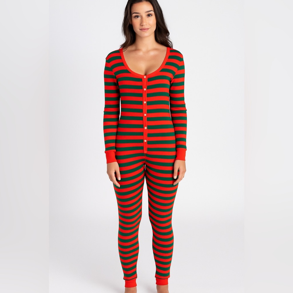 Cotton Blend Orange & Green Striped Thermal Pajama Jumpsuit Size M